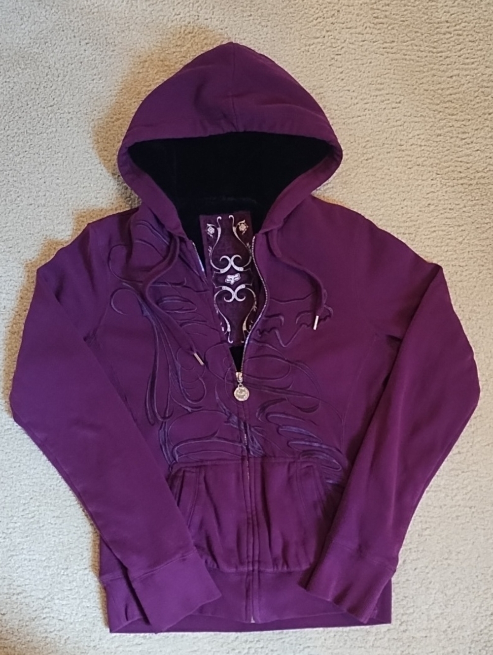 Y2K Fox Racing Purple Zip-Up Hoodie Black Faux-Fur Lining Womens Small